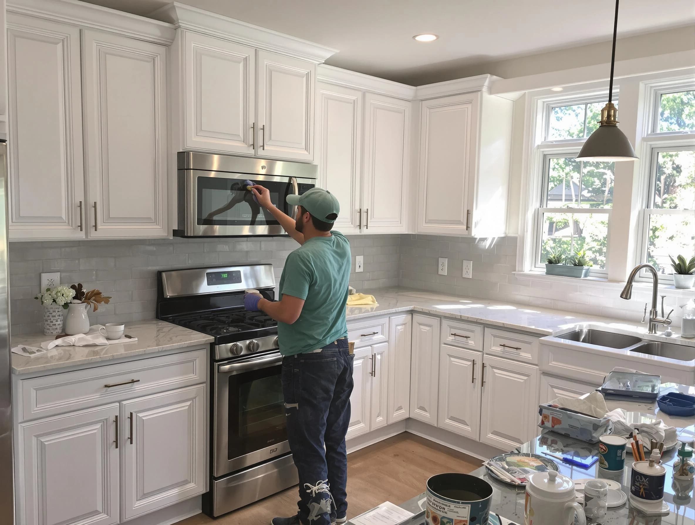 Kitchen cabinets being refinished by East Cleveland House Painters in East Cleveland, OH