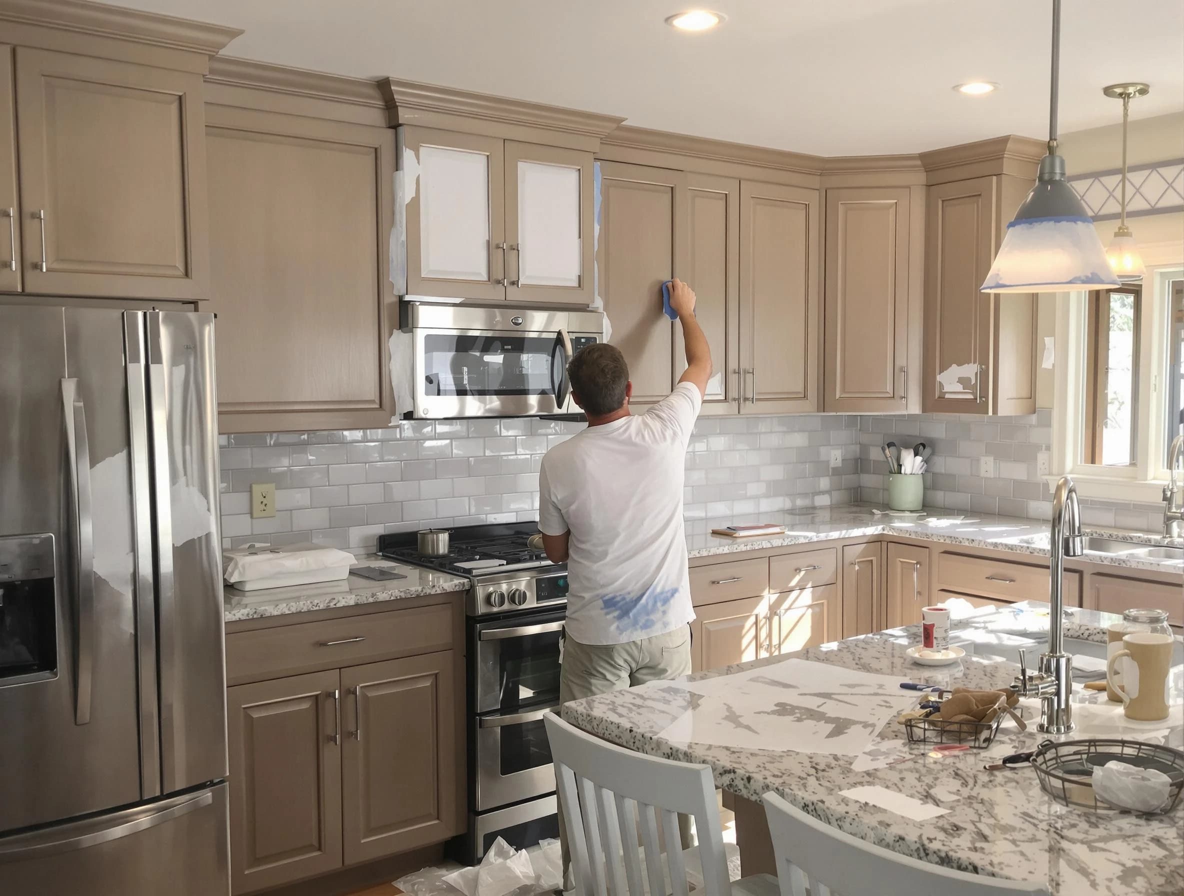 Before-and-after view of kitchen painting by East Cleveland House Painters in East Cleveland